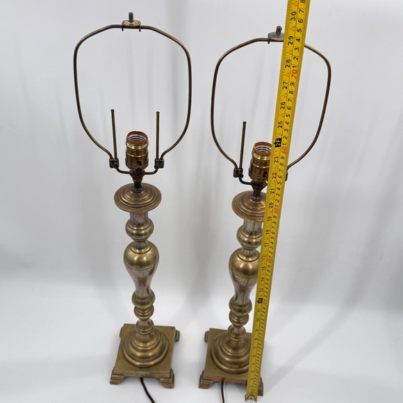 Pair of Vintage Brass Finish Column Table Lamps with Square Bases - Picture 10 of 10